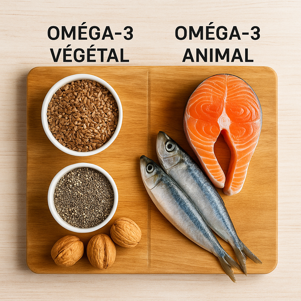 Planche en bois avec à gauche des sources végétales d’oméga-3 (graines de lin, graines de chia, noix) et à droite des sources animales (deux sardines entières et une tranche de saumon), vue en plongée, étiquetées Oméga-3 végétal et Oméga-3 animal.