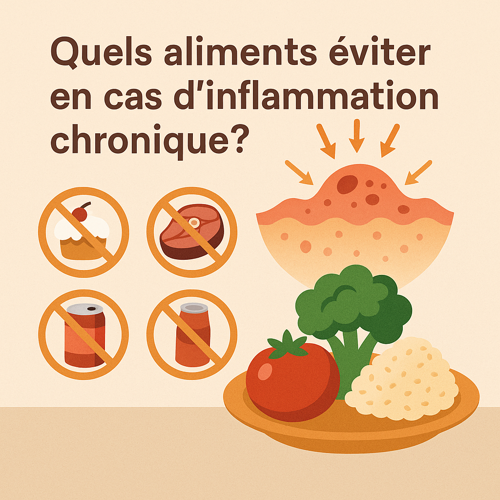 Illustration carrée montrant les aliments à éviter en cas d’inflammation chronique, avec des icônes barrées représentant pâtisseries, viande rouge, sodas et alcool, et un plat d’aliments anti-inflammatoires comme le brocoli, la tomate et le quinoa.