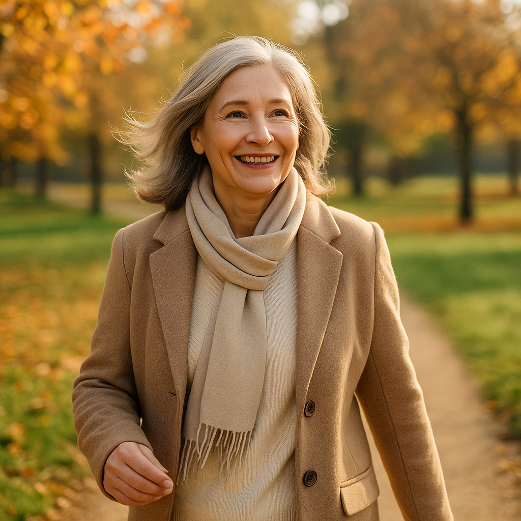 Femme senior aux cheveux gris courts marchant dans un parc verdoyant et ensoleillé, souriante et détendue, vêtue d’un t-shirt clair et d’une veste beige, symbole de bien-être et de sérénité en pleine nature.