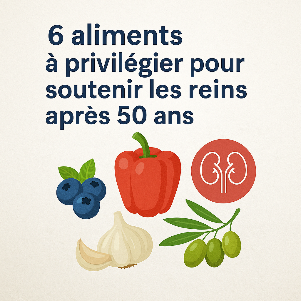 Illustration carrée avec fond beige montrant le titre « 6 aliments à privilégier pour soutenir les reins après 50 ans » et des dessins de myrtilles, poivron rouge, gousse d’ail, olives et icône de reins stylisés.
