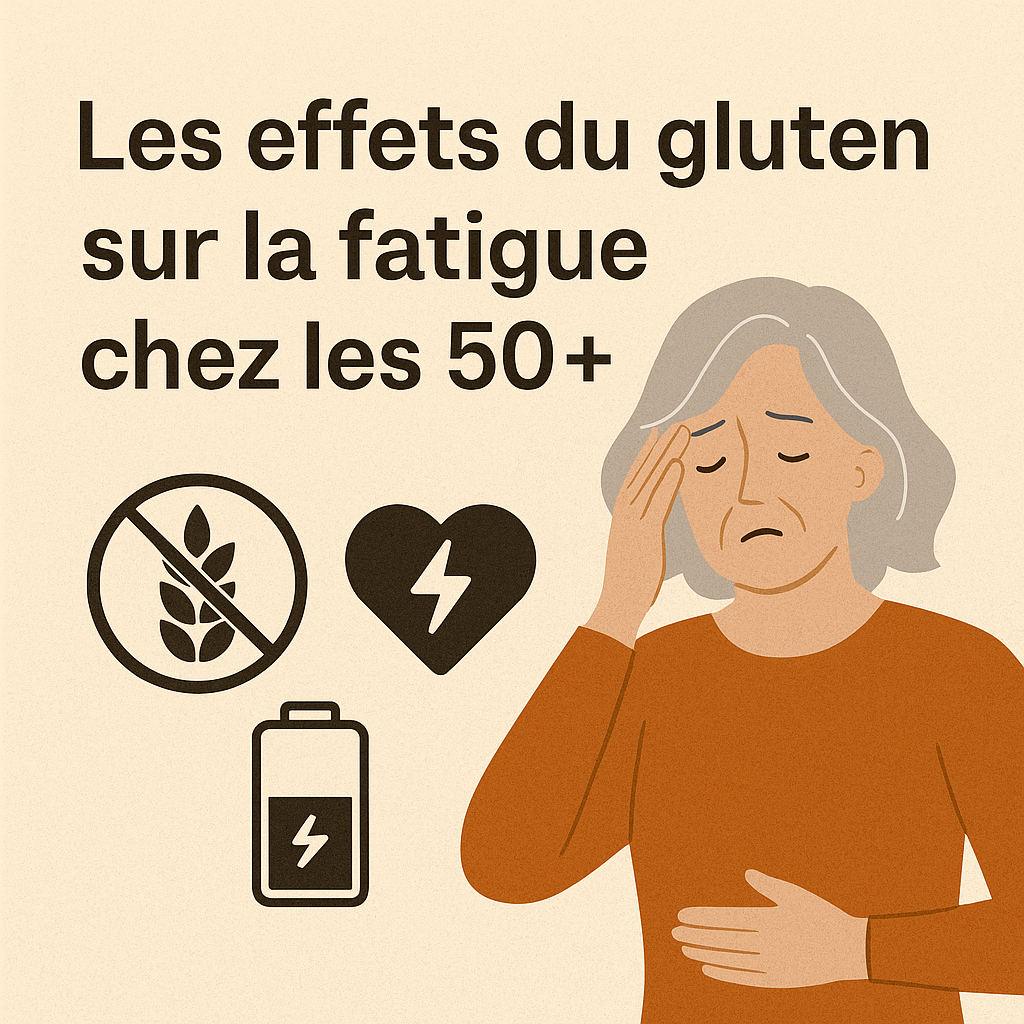 Illustration carrée sur fond beige avec le texte « Les effets du gluten sur la fatigue chez les 50+ », montrant une femme aux cheveux gris ayant l’air fatiguée, accompagnée d’icônes représentant un épi barré, un cœur avec éclair et une batterie faible.