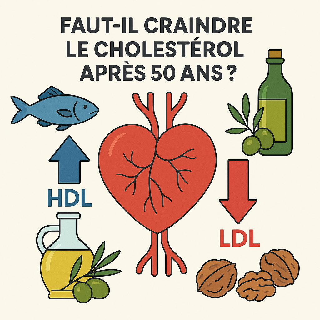 Illustration sur le cholestérol après 50 ans montrant un cœur et des artères avec flèche bleue HDL vers le haut, flèche rouge LDL vers le bas, entourés d’aliments protecteurs comme poisson, huile d’olive et noix.