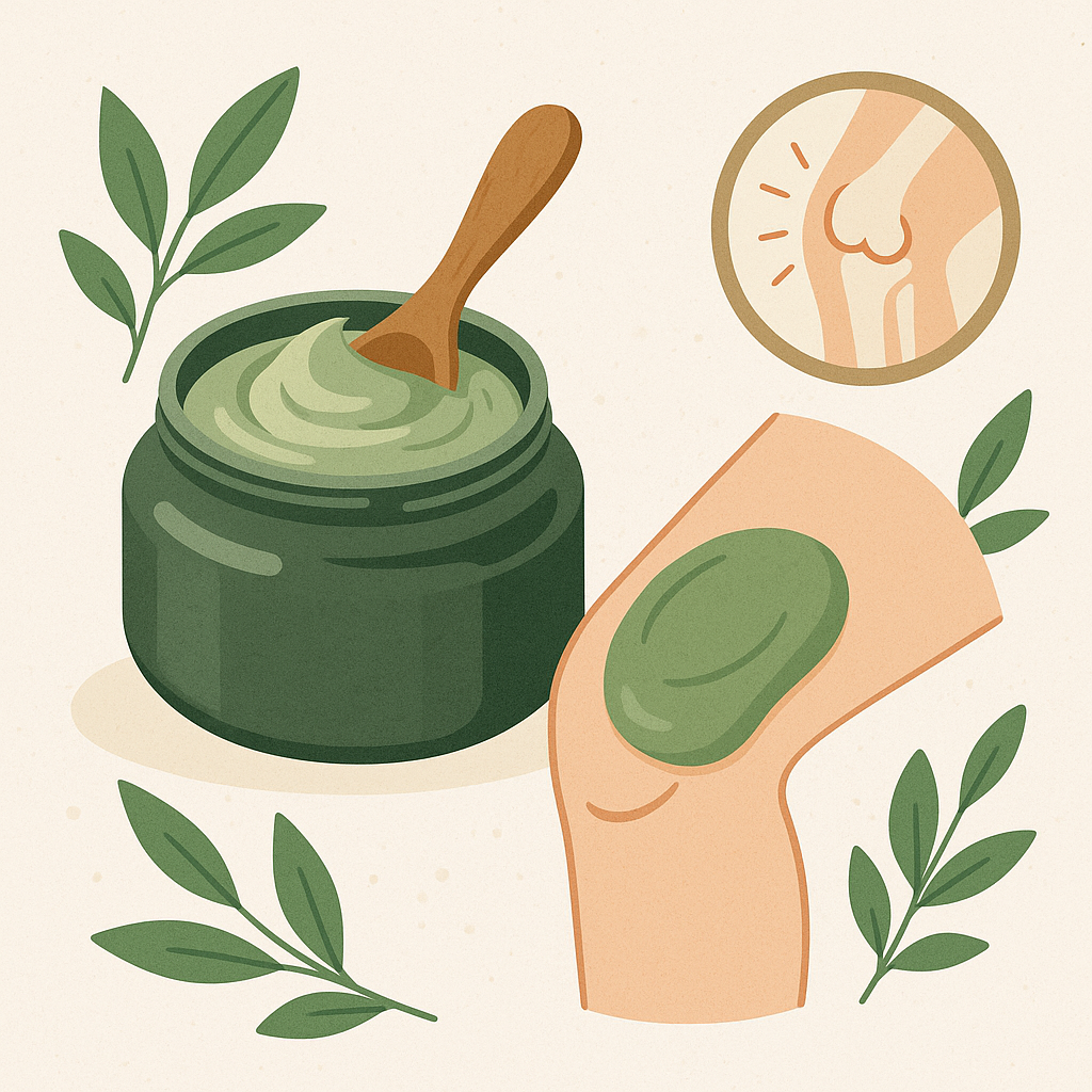 Illustration montrant un pot d’argile verte avec cuillère en bois et un cataplasme appliqué sur un genou, entourés de feuilles vertes et d’un symbole d’articulation.