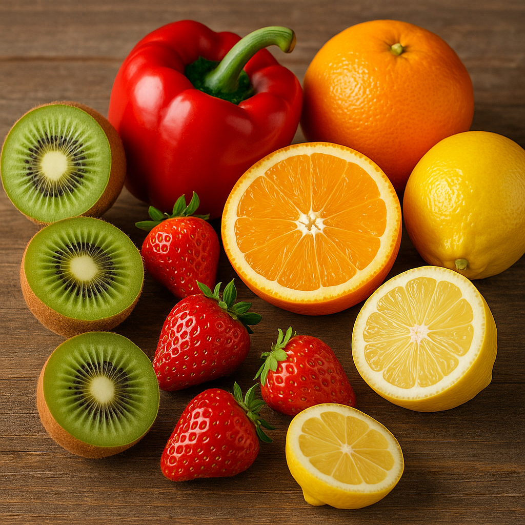 Assortiment coloré de fruits et légumes frais riches en vitamine C, incluant kiwis, oranges, citrons, fraises et poivron rouge, disposés sur une table en bois.