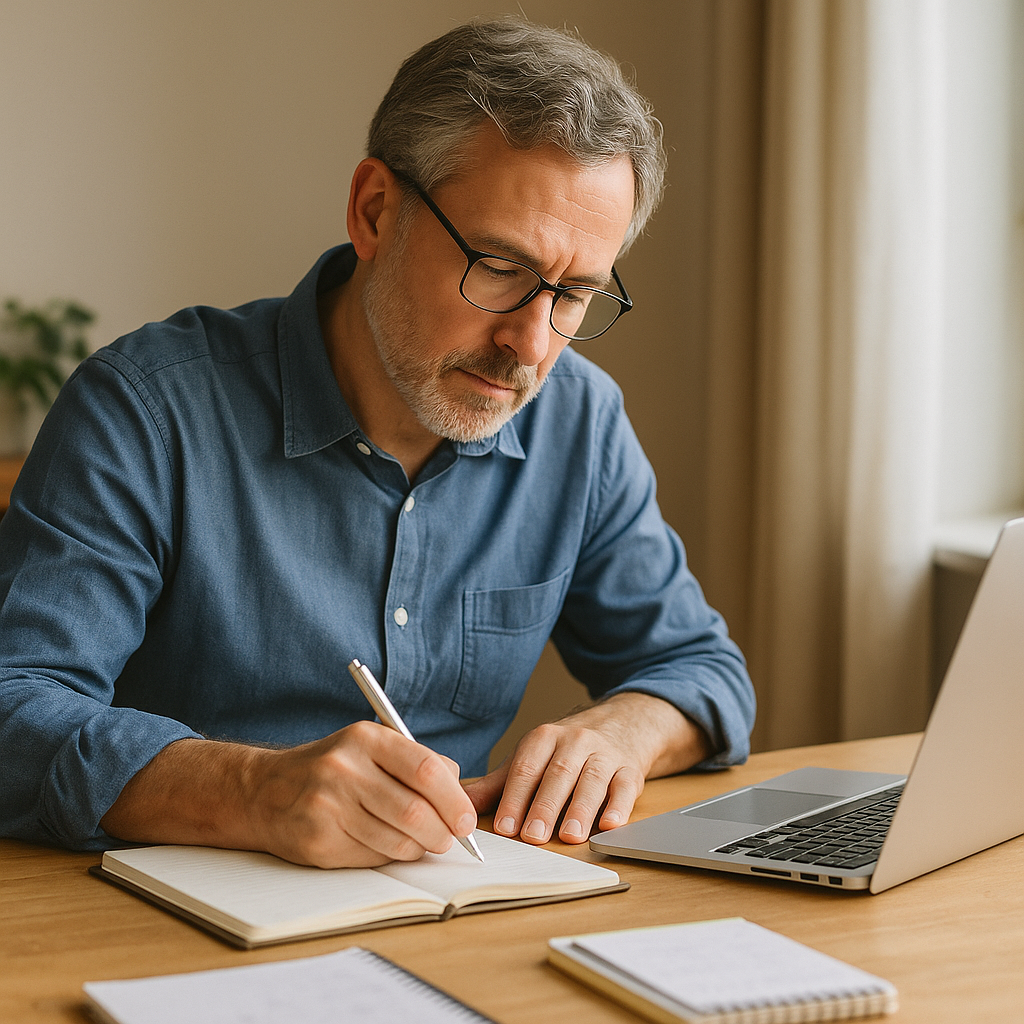 "Homme senior concentré, assis à un bureau, écrivant dans un carnet à côté d’un ordinateur portable, baigné par une lumière naturelle douce, ambiance calme et studieuse."