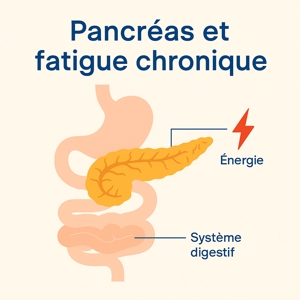 Illustration médicale simplifiée du pancréas en orange, relié au système digestif et à l’énergie, avec annotations en français sur fond clair.