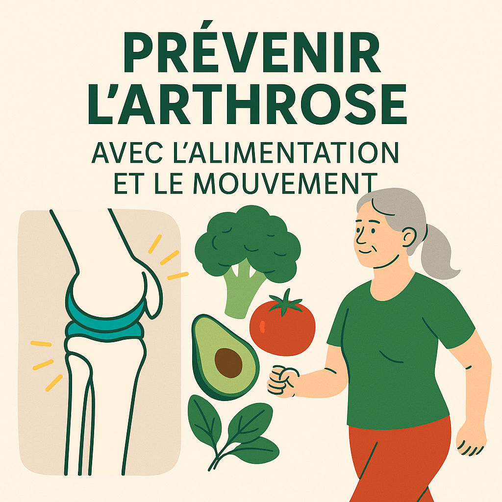 Illustration carrée montrant une femme de plus de 50 ans marchant, entourée d’aliments sains (avocat, tomate, brocoli, épinards) et d’un schéma de genou, avec le titre “Prévenir l’arthrose avec l’alimentation et le mouvement”.