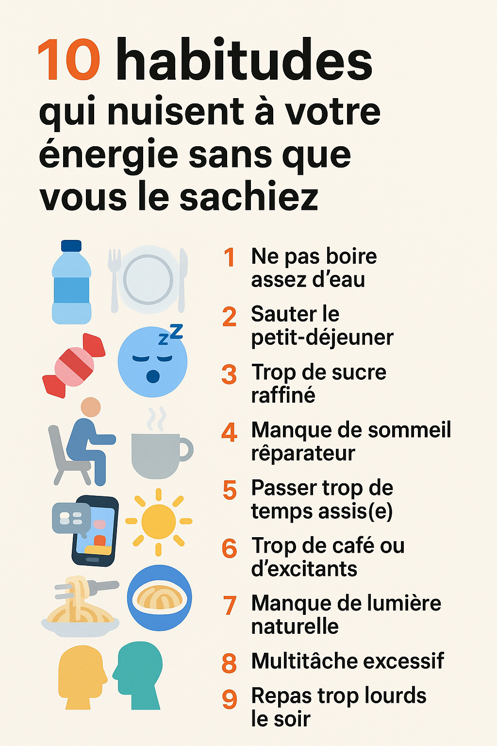 Infographie listant 10 habitudes qui nuisent à l’énergie avec icônes colorées : manque d’eau, petit-déjeuner sauté, excès de sucre raffiné, manque de sommeil, sédentarité, excès de café, manque de lumière, multitâche excessif, repas lourds le soir, manque de contacts sociaux.