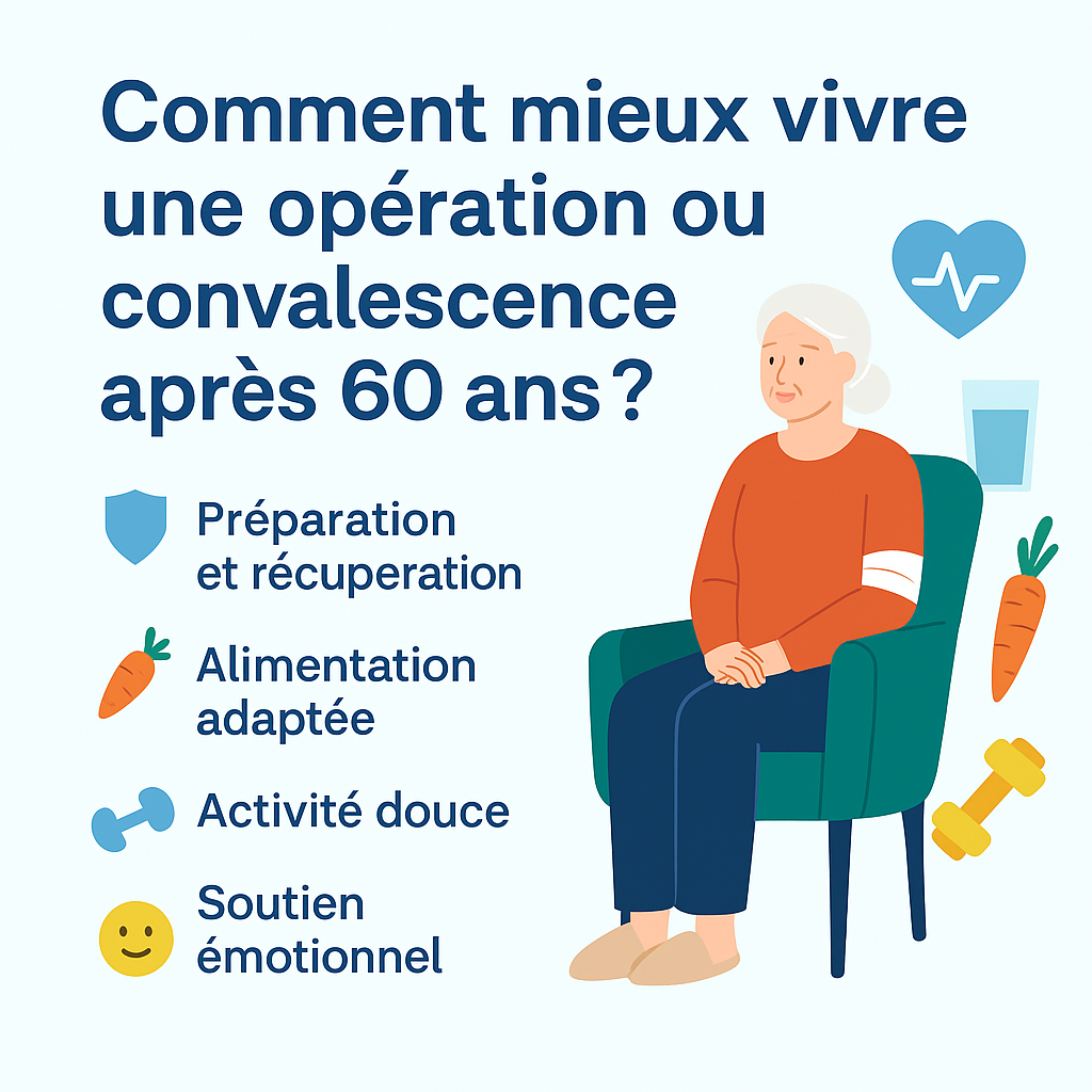 Illustration carrée montrant une femme âgée assise sereinement, avec des icônes représentant la préparation, une alimentation adaptée, l’activité douce et le soutien émotionnel, accompagnée du titre « Comment mieux vivre une opération ou convalescence après 60 ans ?