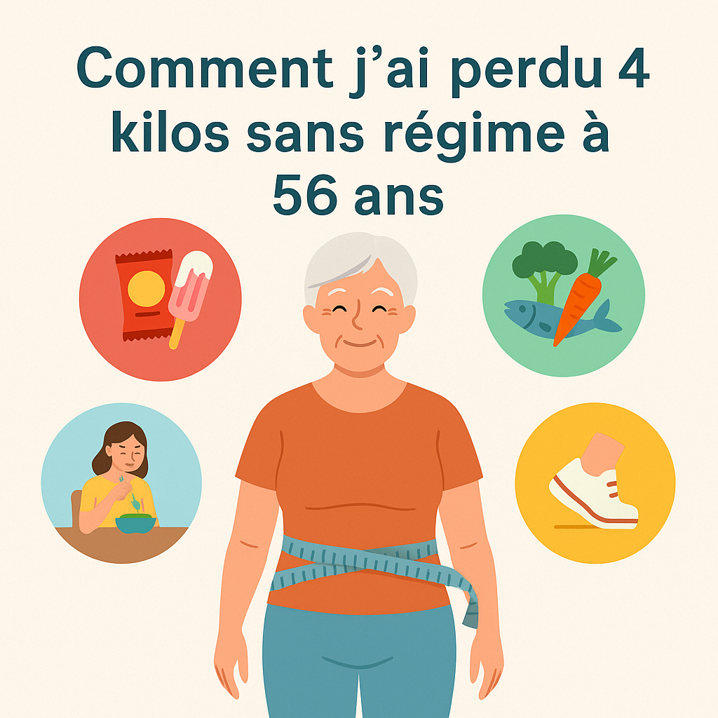 Illustration carrée montrant une femme souriante de 56 ans avec un mètre de couture autour de la taille, entourée d’icônes représentant la réduction des snacks sucrés, une alimentation saine, le repas en pleine conscience et l’activité physique, accompagnée du titre « Comment j’ai perdu 4 kilos sans régime à 56 ans