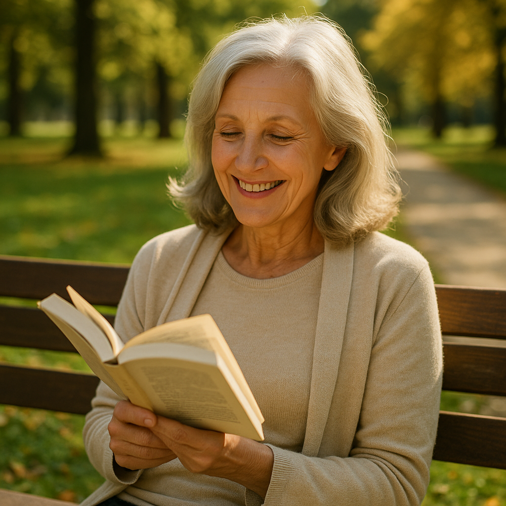 Femme senior aux cheveux gris argenté, assise sur un banc de parc ensoleillé, souriante, lisant un livre, entourée de verdure et de feuilles d’automne.