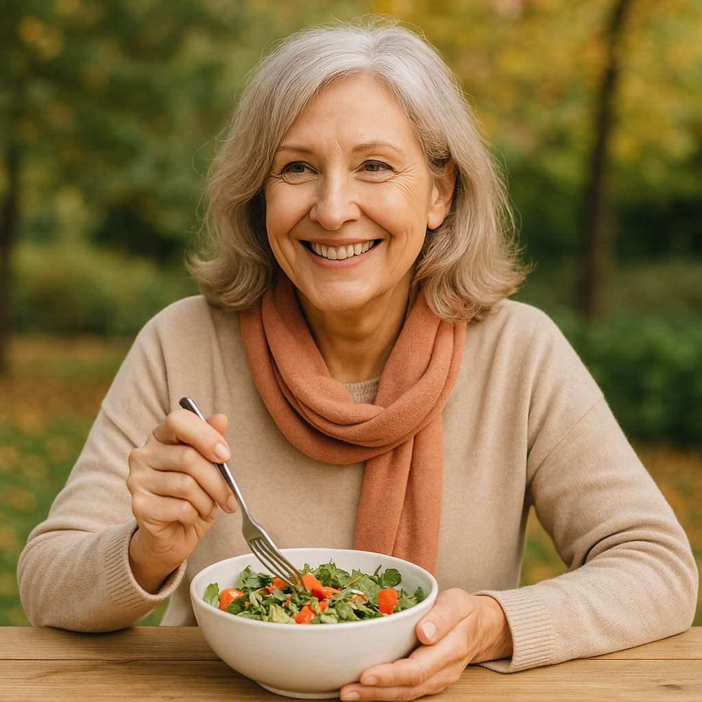 Femme de 55 ans souriante, assise à une table en bois en extérieur, dégustant une salade colorée de légumes frais, vêtue d’un pull beige et d’une écharpe saumon, par une journée ensoleillée d’automne.