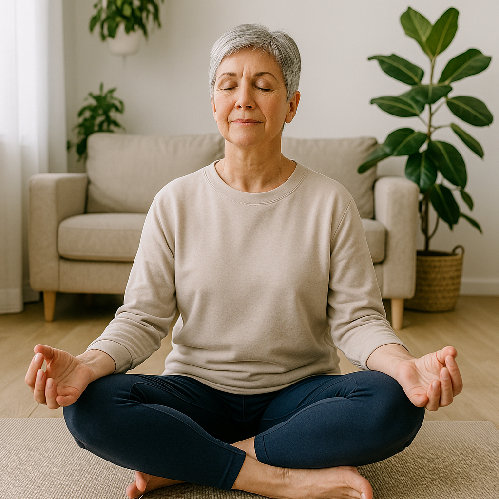 Femme de 59 ans aux cheveux gris courts, assise en tailleur sur un tapis de yoga dans un salon lumineux, yeux fermés, mains en Gyan Mudra, pratiquant la méditation entourée de plantes vertes.