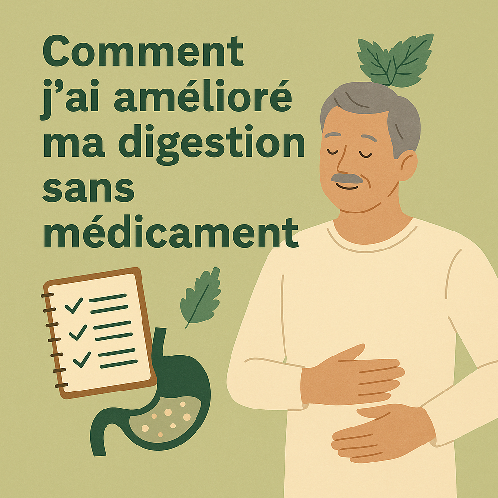 Illustration carrée avec fond vert, montrant le texte « Comment j’ai amélioré ma digestion sans médicament », un homme d’âge mûr souriant avec la main sur le ventre, accompagné d’icônes de feuille de menthe, estomac stylisé et carnet à cocher.