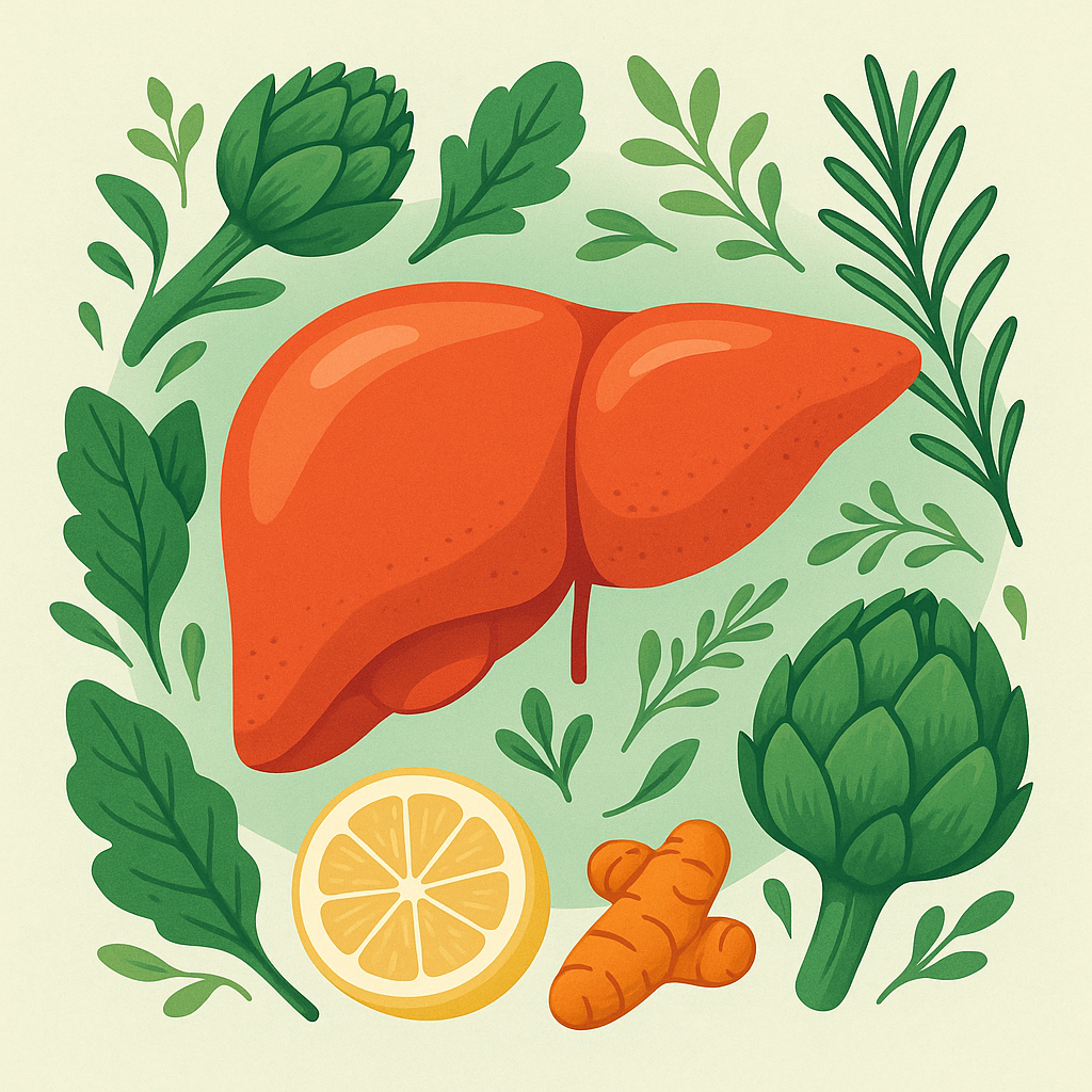 Illustration stylisée du foie entouré de plantes et aliments bénéfiques comme le citron, l’artichaut, le curcuma et les légumes verts, sur fond vert clair.