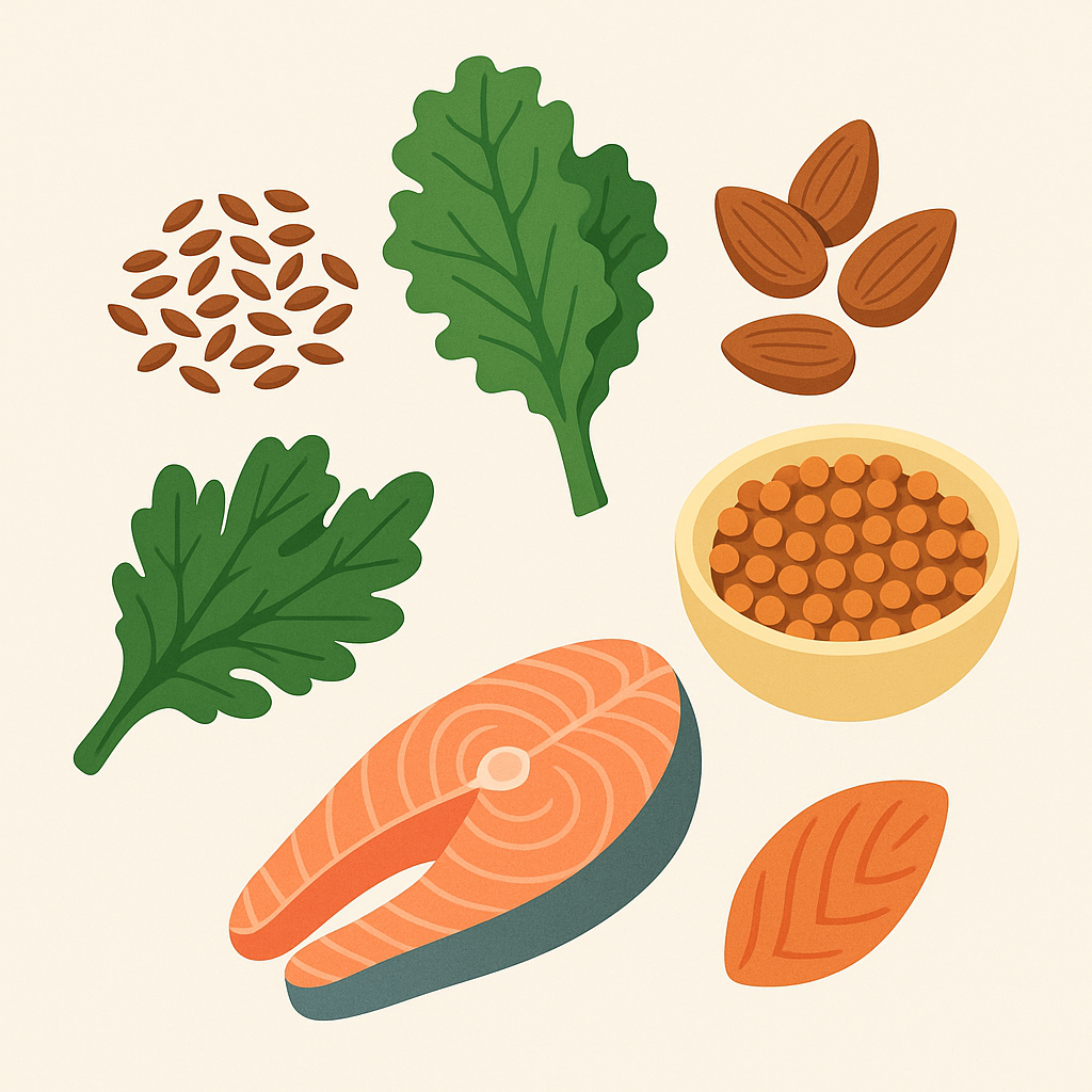 Illustration des 5 superaliments à privilégier après la ménopause : graines de lin, chou kale, amandes, lentilles et saumon sauvage.