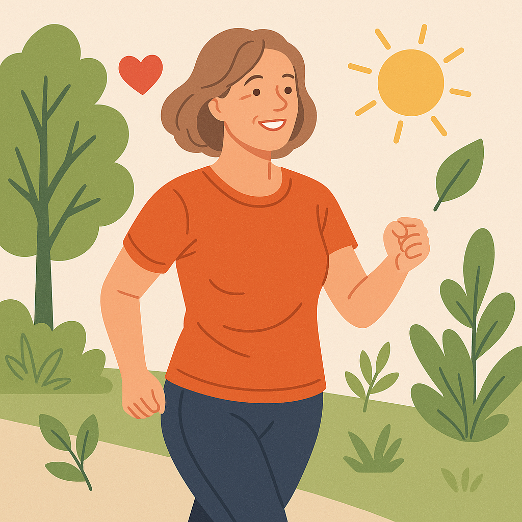 Illustration d’une femme de 55 ans en tenue de sport, marchant dans un parc ensoleillé, entourée de symboles de santé comme un cœur et des feuilles vertes.