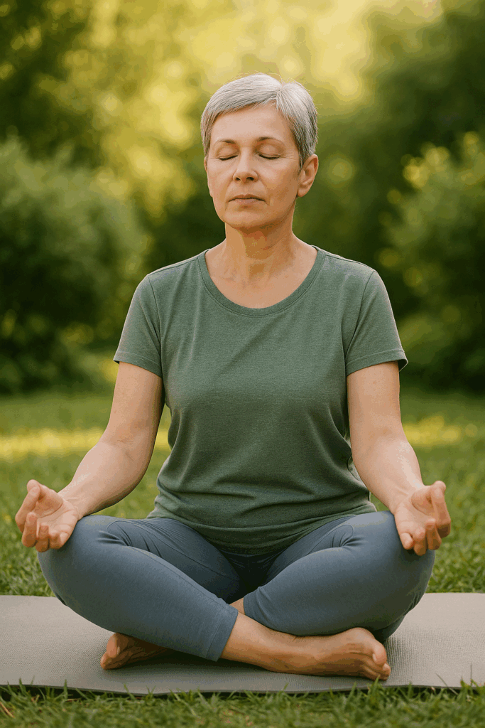 Femme de 55 ans assise en tailleur sur un tapis de yoga, yeux fermés, pratiquant la respiration consciente en pleine nature, mains posées sur les genoux en Gyan mudra, entourée de verdure.