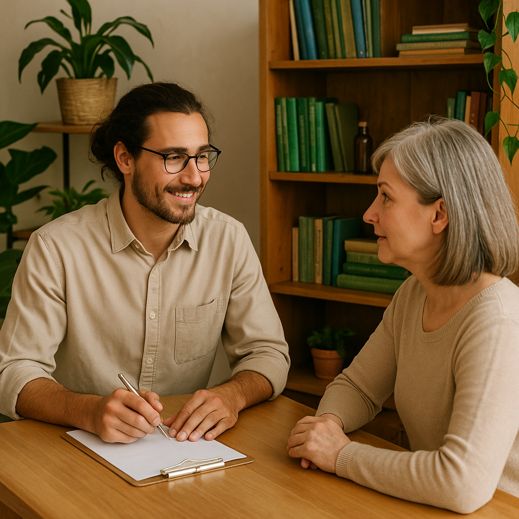 Naturopathe homme discutant avec une femme de 55 ans dans un bureau chaleureux, entouré de plantes et d’étagères remplies de livres de santé naturelle.